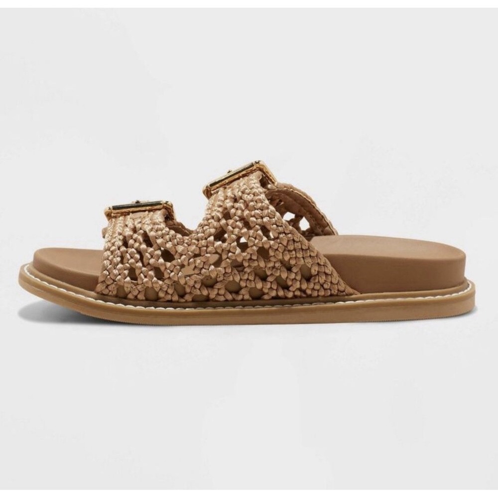 Universal Thread Woven Raffia Double Buckle Sandals Boho Chic Comfort Tan Size 8 - Picture 3 of 4